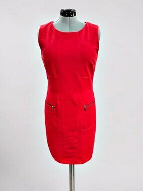 Christin Michaels Dress 12 Red Stretch Sheath Gold Zip Pockets Career Cocktail